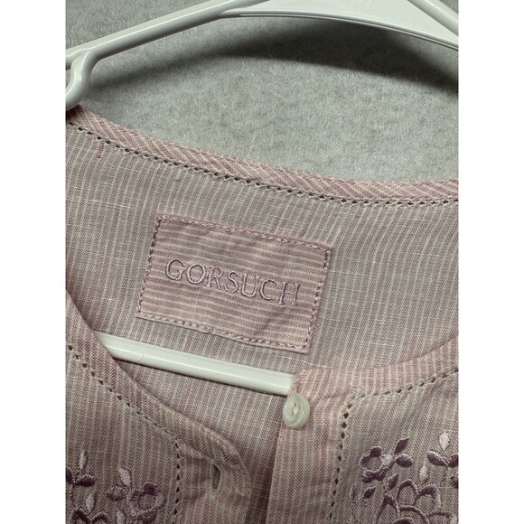 Gorsuch Linen SZ 38 EU 8 US Striped Button Front Shirt Collared Embroidered Pink - Picture 2 of 5